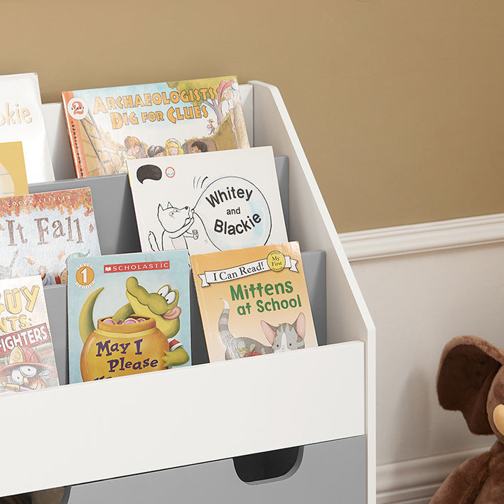 SoBuy | Kinderbücherregal | Spielzeugtruhe | Aufbewahrungsregal Kinderzimmer | Weiß/Grau| KMB17-HG