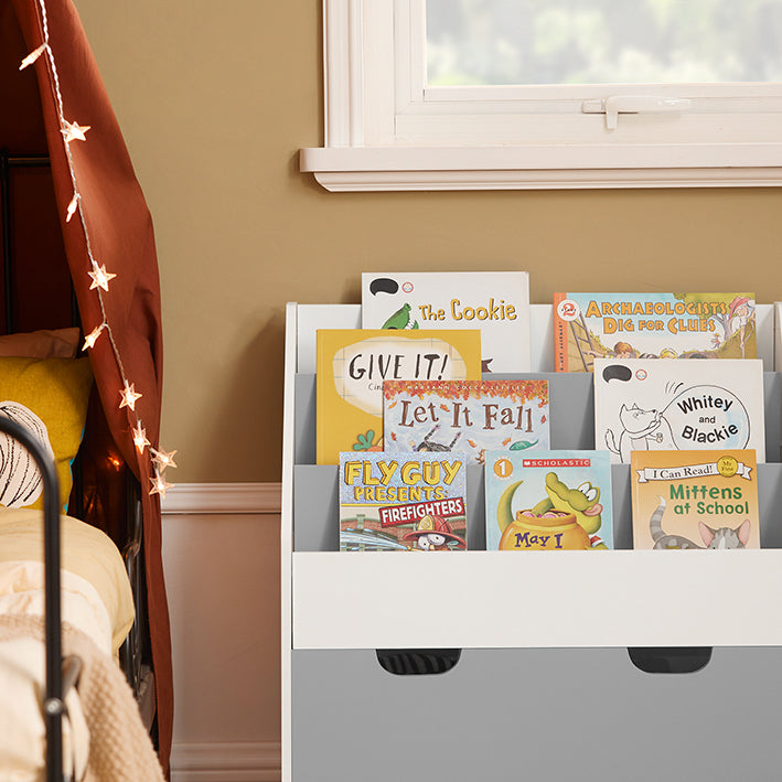 SoBuy | Kinderbücherregal | Spielzeugtruhe | Aufbewahrungsregal Kinderzimmer | Weiß/Grau| KMB17-HG