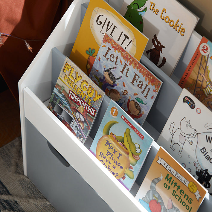 SoBuy | Kinderbücherregal | Spielzeugtruhe | Aufbewahrungsregal Kinderzimmer | Weiß/Grau| KMB17-HG