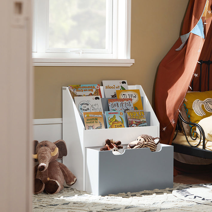 SoBuy | Libreria per bambini | Cofanetto giocattoli | Scaffale portaoggetti per la cameretta dei bambini | Bianco/Grigio | KMB17-HG
