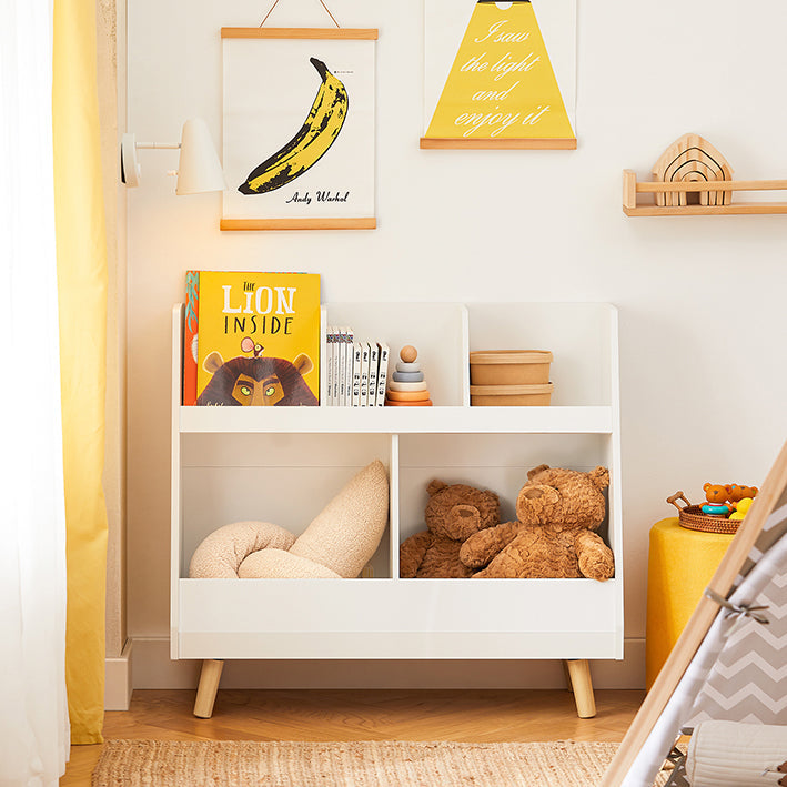 SoBuy | Scaffale per libri per bambini | Cassapanca per giocattoli | Scaffale portaoggetti per cameretta bambini | Bianco | KMB19-W