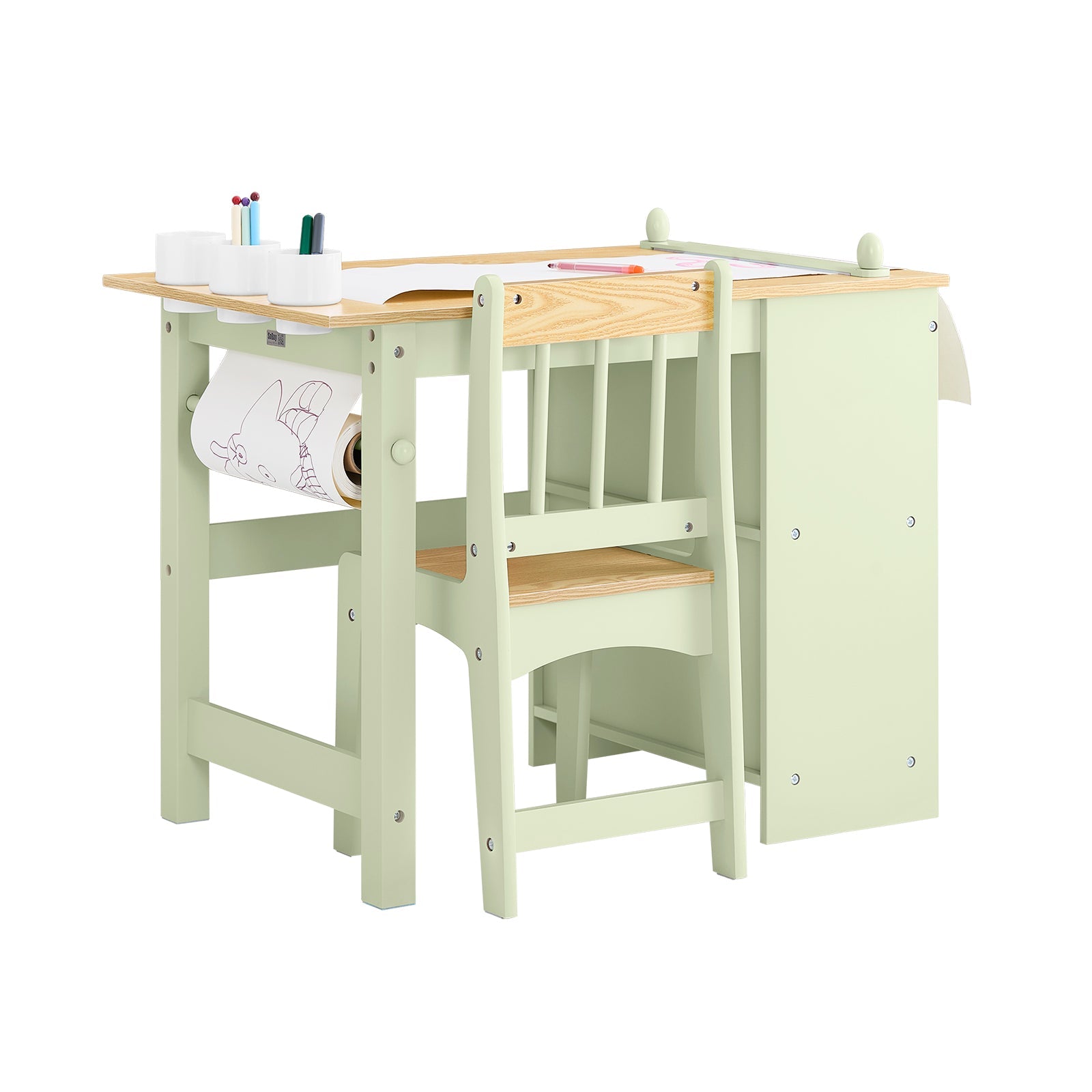 SoBuy | Tavolo per bambini con 1 sedia | Set da tavolo e sedie per bambini | con 1 portarotolo di carta | Tavolo da disegno per bambini | Verde | KMB60-GR