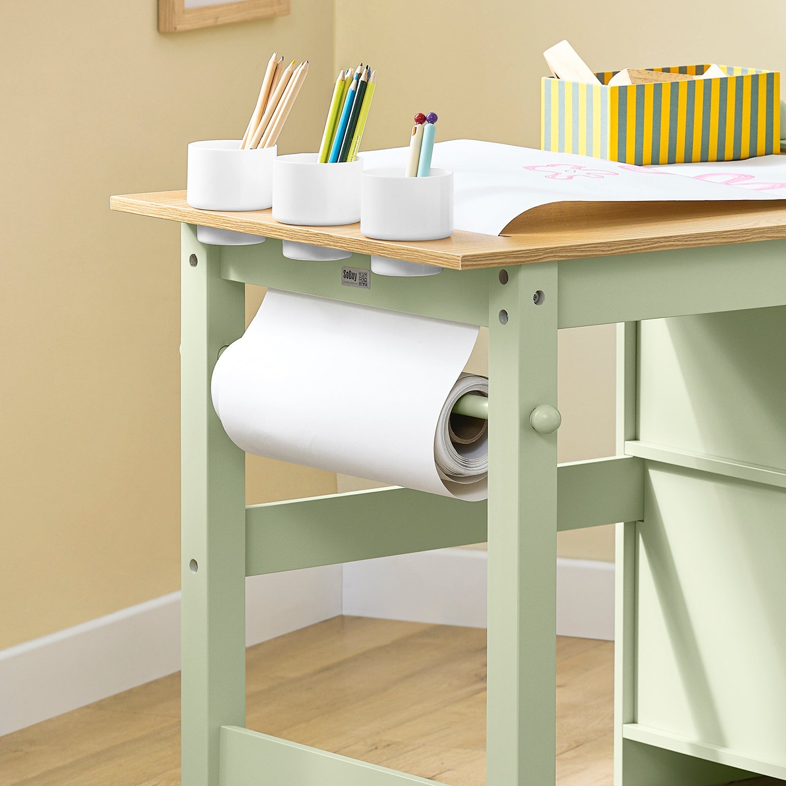 SoBuy | Table enfant avec 1 chaise | Ensemble table et chaise pour enfants | avec 1 porte-rouleau de papier | Table de dessin pour enfants | Vert | KMB60-GR