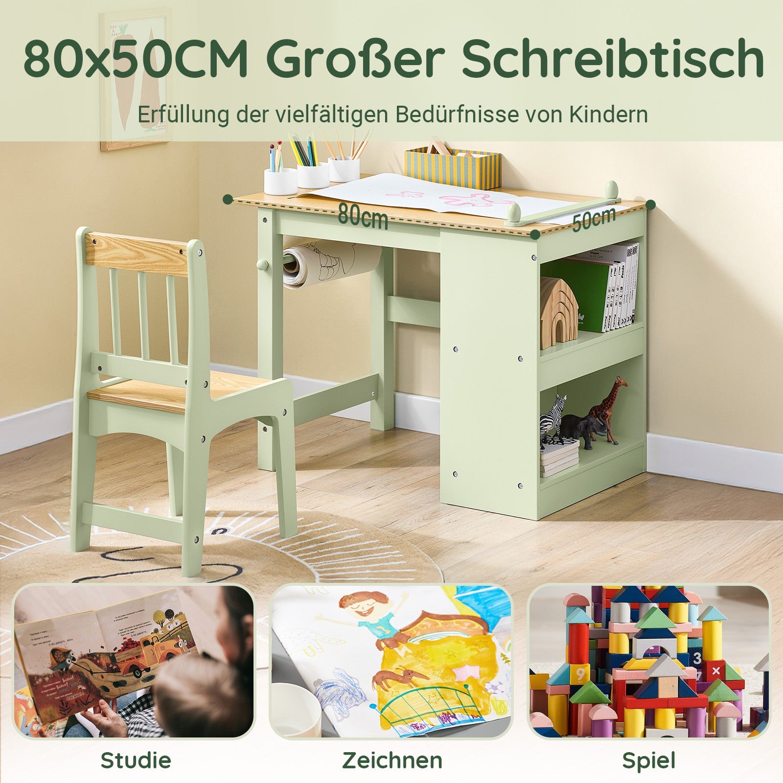 SoBuy | Tavolo per bambini con 1 sedia | Set da tavolo e sedie per bambini | con 1 portarotolo di carta | Tavolo da disegno per bambini | Verde | KMB60-GR