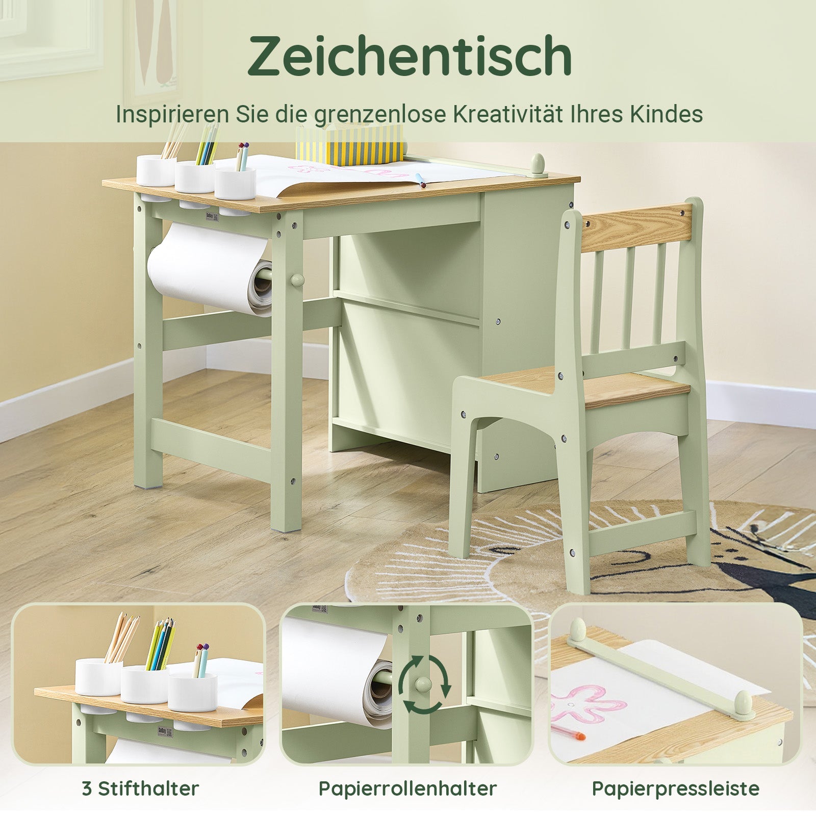 SoBuy | Tavolo per bambini con 1 sedia | Set da tavolo e sedie per bambini | con 1 portarotolo di carta | Tavolo da disegno per bambini | Verde | KMB60-GR