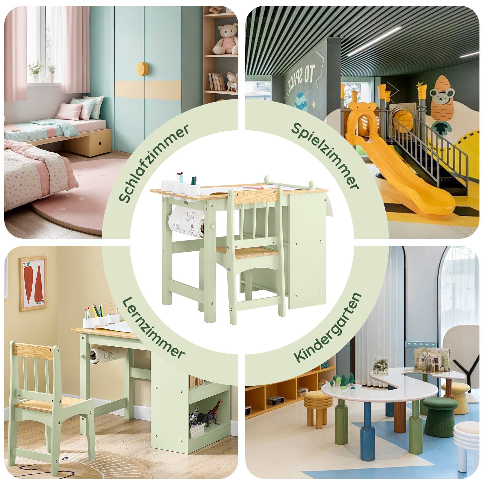 SoBuy | Table enfant avec 1 chaise | Ensemble table et chaise pour enfants | avec 1 porte-rouleau de papier | Table de dessin pour enfants | Vert | KMB60-GR