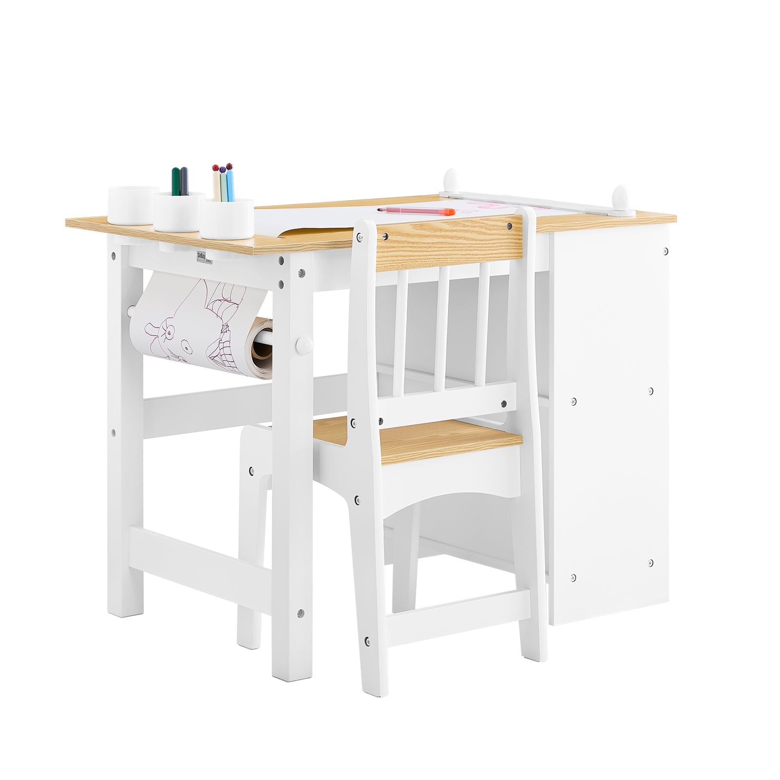 SoBuy | Tavolo per bambini con 1 sedia | Set di mobili per bambini | Tavolo da pittura per bambini | Bianco e legno naturale | KMB60-WN