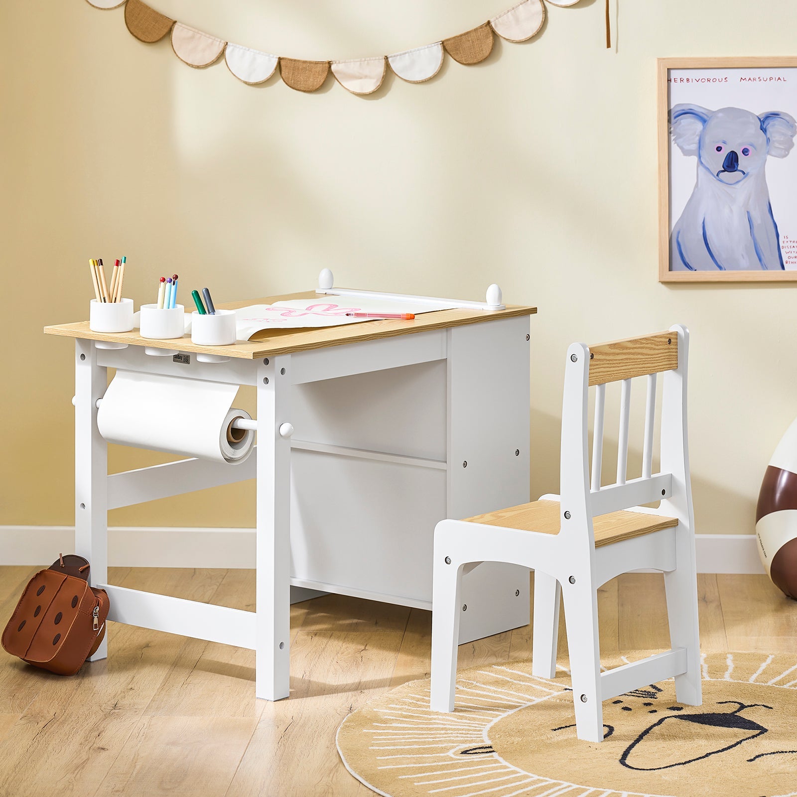 SoBuy | Table et 1 chaise pour enfant | Ensemble de meubles pour enfants | Table d'activités pour enfants | Blanc et Naturel | KMB60-WN