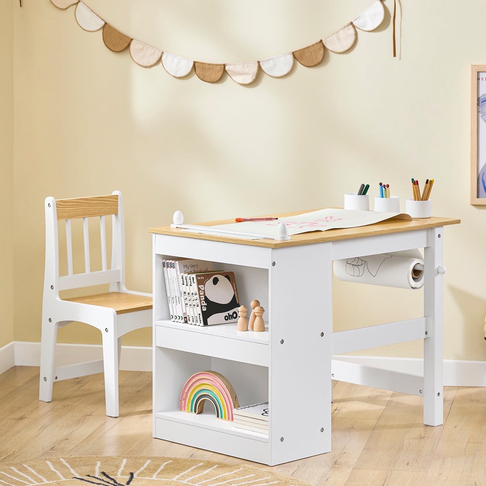 SoBuy | Tavolo per bambini con 1 sedia | Set di mobili per bambini | Tavolo da pittura per bambini | Bianco e legno naturale | KMB60-WN