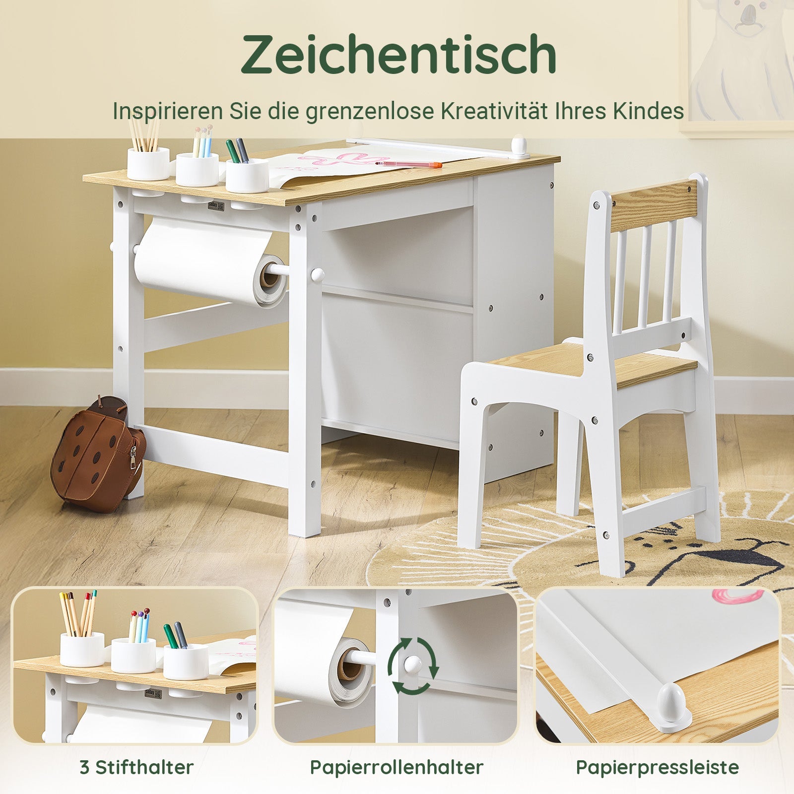 SoBuy | Tavolo per bambini con 1 sedia | Set di mobili per bambini | Tavolo da pittura per bambini | Bianco e legno naturale | KMB60-WN