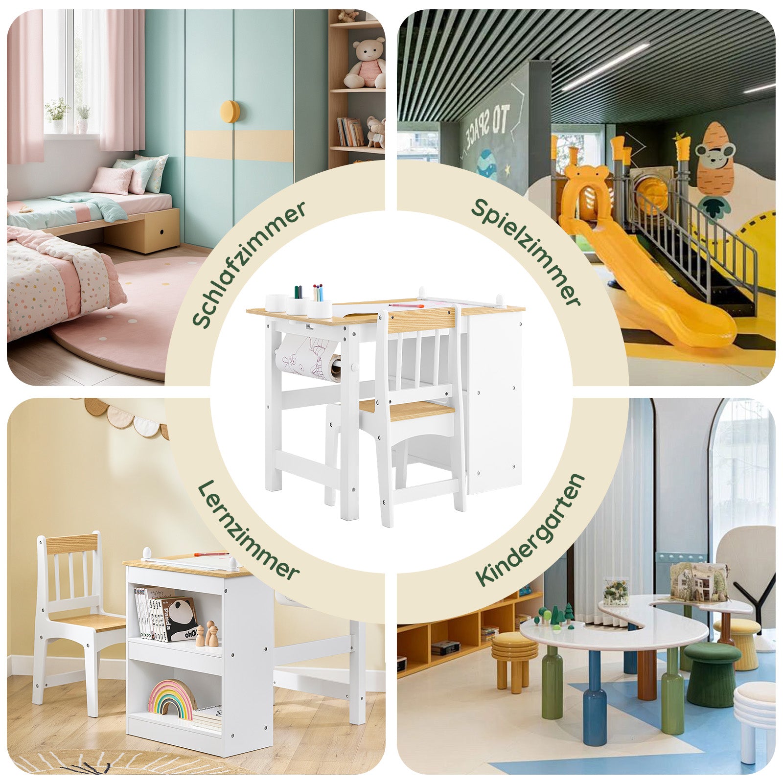 SoBuy | Kindertisch mit 1 Stuhl | Kindersitzgruppe | Maltisch für Kinder | Weiß und Natur | KMB60-WN