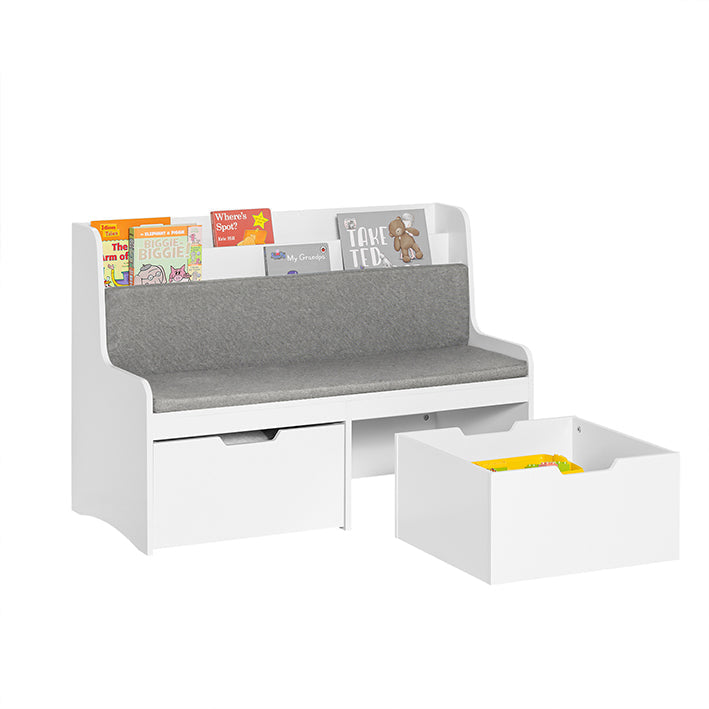 SoBuy | Panchina per bambini con libreria e cuscino | Cassapanca portagiochi | Contenitore con rotelle | Bianco | KMB66-W
