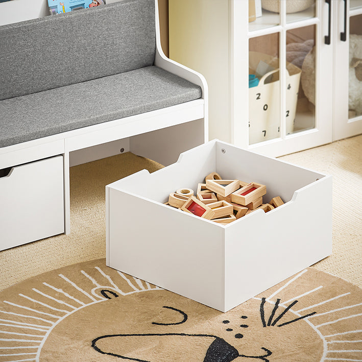 SoBuy | Banc pour enfants avec étagère à livres et coussin d'assise | Coffre à jouets | Boîte de rangement à roulettes | Blanc | KMB66-W