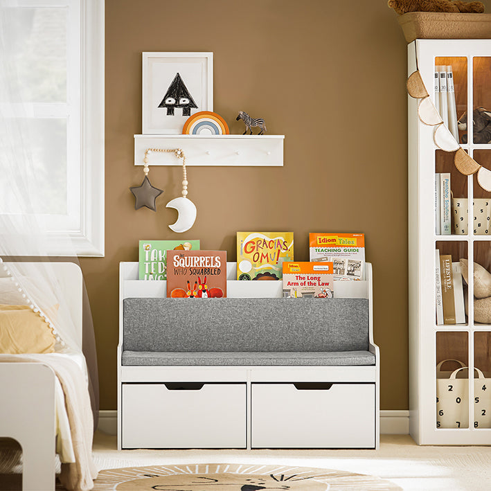 SoBuy | Panchina per bambini con libreria e cuscino | Cassapanca portagiochi | Contenitore con rotelle | Bianco | KMB66-W