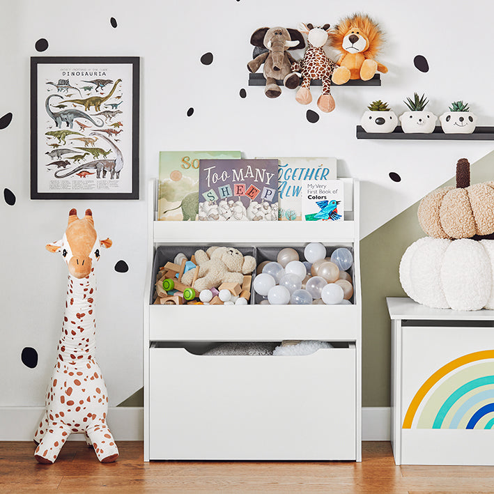 SoBuy | Scaffale per bambini con 2 contenitori in tessuto | Libreria | Contenitore giocattoli con ruote | KMB71-W