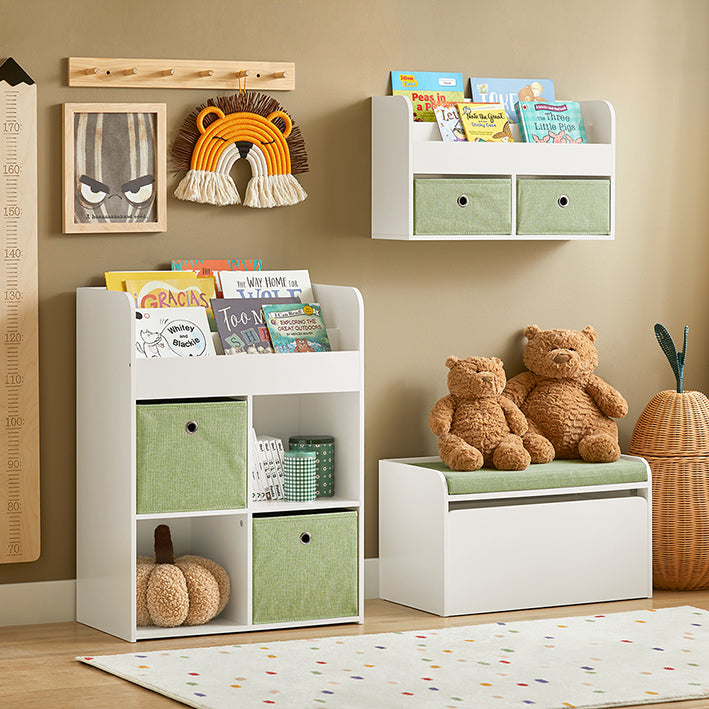 SoBuy | Scaffale portagiochi per bambini con 2 scatole in tessuto | Libreria per bambini | Scaffale portaoggetti per bambini | KMB79-W