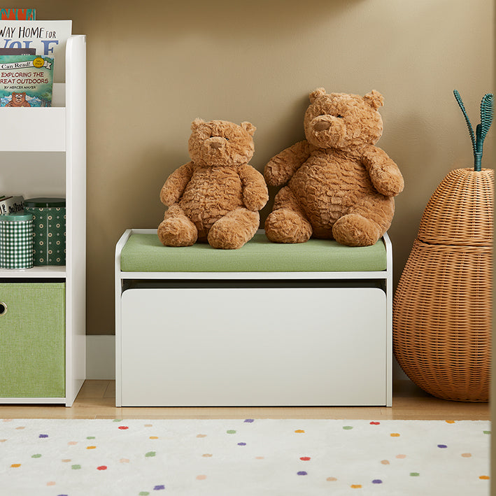 SoBuy | Coffre à jouets | Banc avec coussin d'assise | Boîte de rangement pour enfants | Vert et blanc | KMB80-W