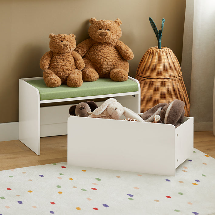 SoBuy | Cassapanca portagiochi | Panchina con cuscino | Contenitore per giocattoli per bambini | Verde Bianco | KMB80-W