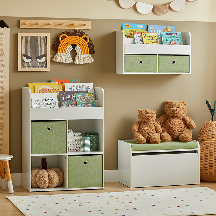 SoBuy | Coffre à jouets | Banc avec coussin d'assise | Boîte de rangement pour enfants | Vert Blanc | KMB80-W