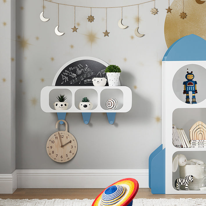 SoBuy | Appendiabiti per bambini con 1 lavagna semicircolare | Scaffale per bambini | Appendiabiti da parete | Mensola pensile | Bianco-Blu | KMB86-W