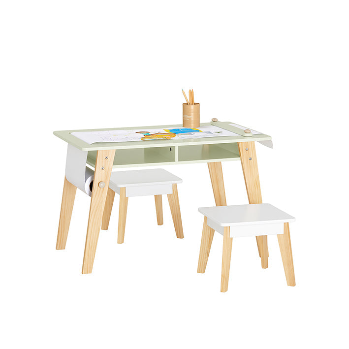 SoBuy | Tavolo per bambini con 2 sedie | Set sedie e tavolo per bambini | Tavolino da disegno per bambini | Tavolo da gioco | Bianco-Verde | KMB92-GR