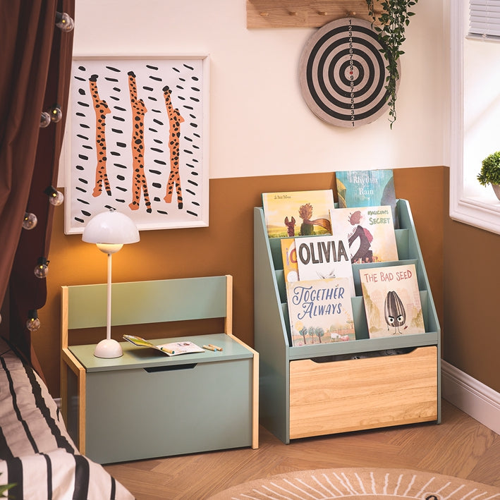 SoBuy | Kinder Bücherregal | Spielzeugtruhe | Aufbewahrungsregal Kinderzimmer | Grün-Natur| KMB95-GR