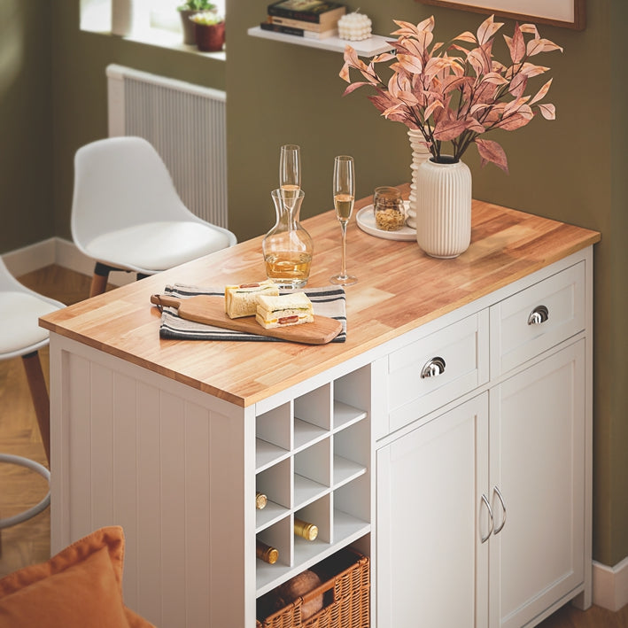 SoBuy | Îlot de cuisine avec 2 paniers en rotin | Meuble de cuisine | Buffet | Commode | Buffet | KNL05-W