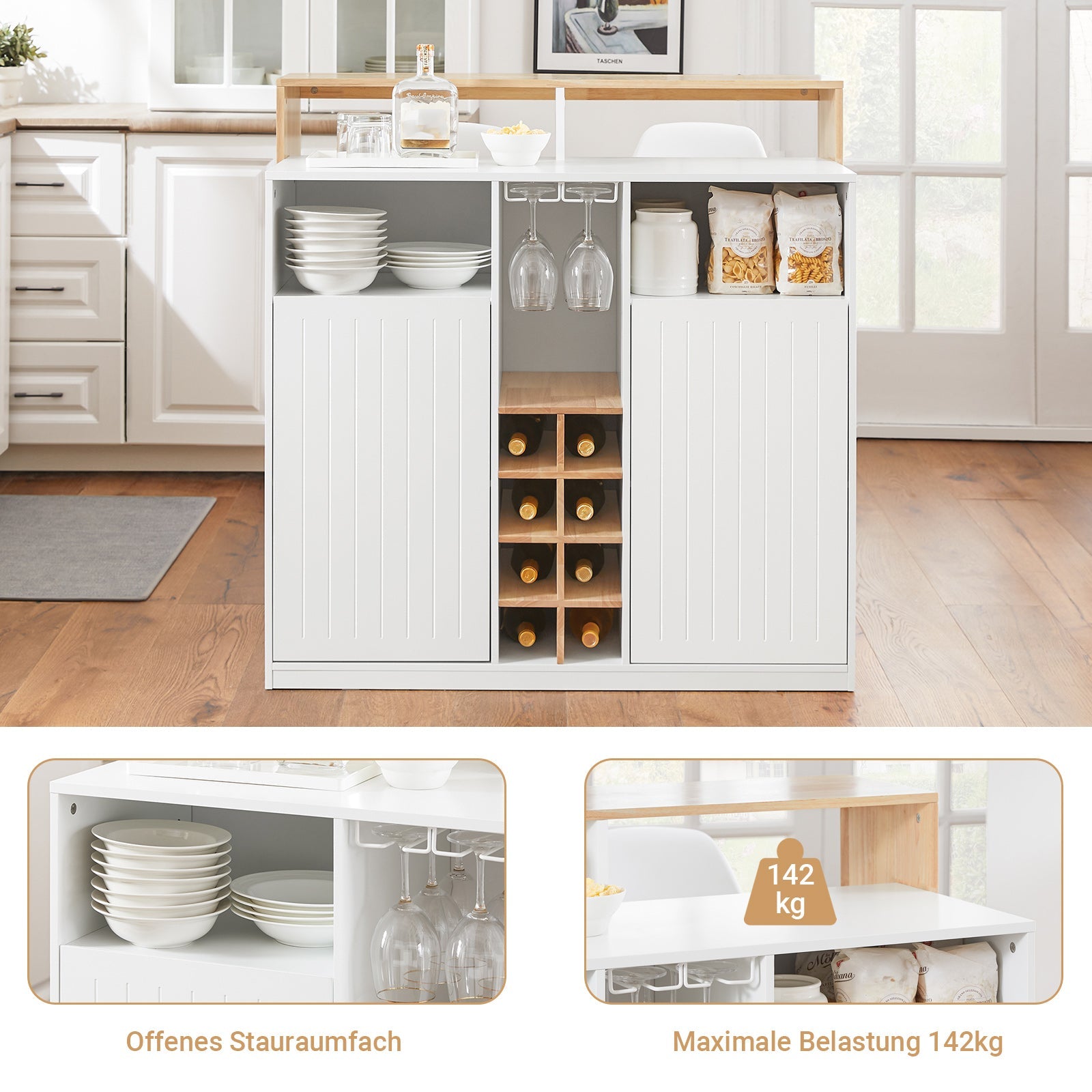 SoBuy | Isola da cucina | Credenza da cucina | Madia | Tavolo da bar | Tavolo da pranzo | Bianco-Natura | KNL07-WN