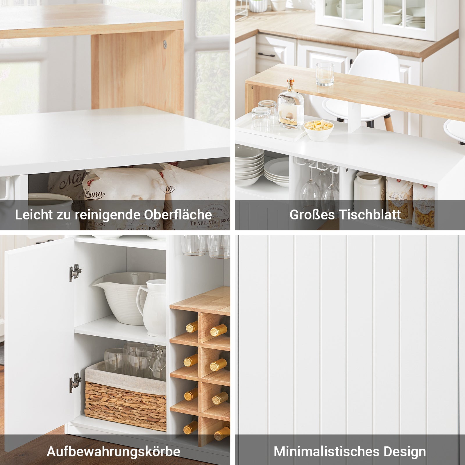 SoBuy | Isola da cucina | Credenza da cucina | Madia | Tavolo da bar | Tavolo da pranzo | Bianco-Natura | KNL07-WN