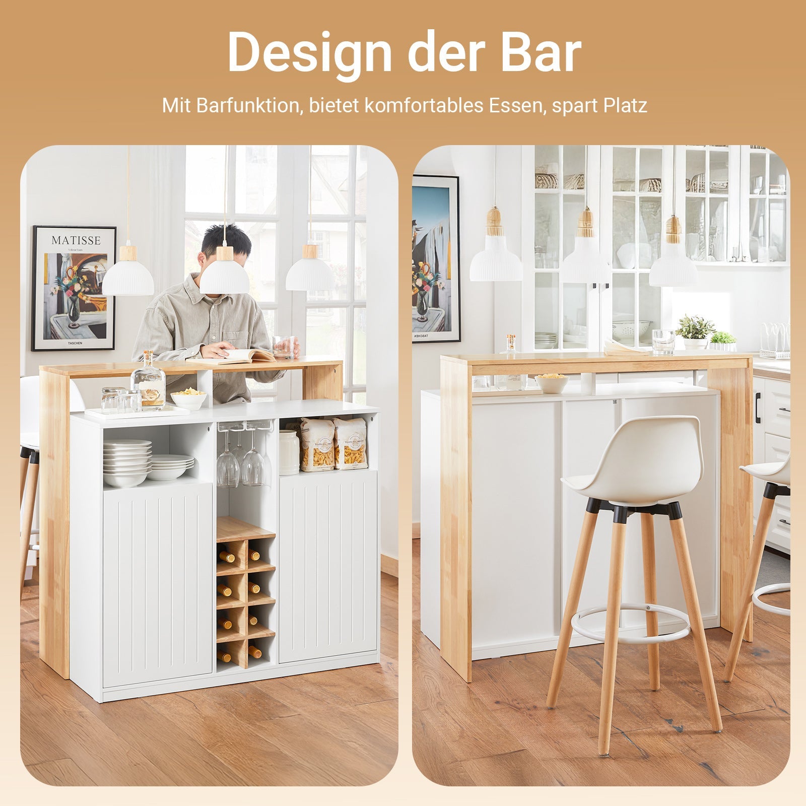 SoBuy | Isola da cucina | Credenza da cucina | Madia | Tavolo da bar | Tavolo da pranzo | Bianco-Natura | KNL07-WN