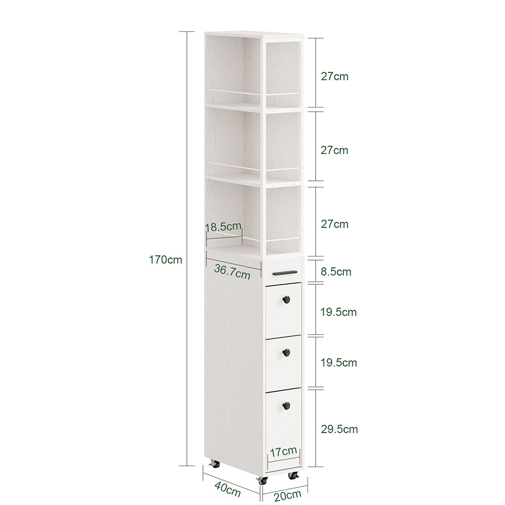 SoBuy Schmaler Schrank mit 4 Schubladen Creme Weiß Rollen 3 offene Böden 40x20x170 cm NSR13-WG