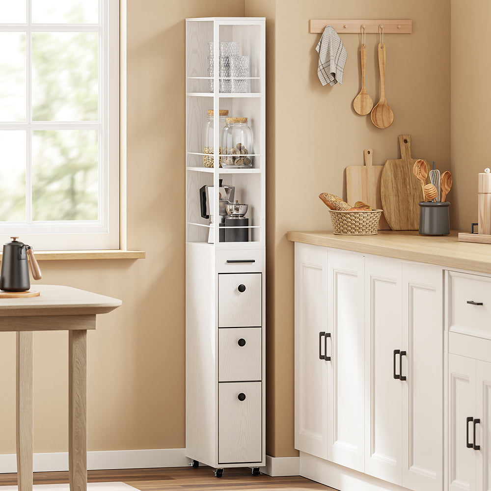 SoBuy Schmaler Schrank mit 4 Schubladen Creme Weiß Rollen 3 offene Böden 40x20x170 cm NSR13-WG