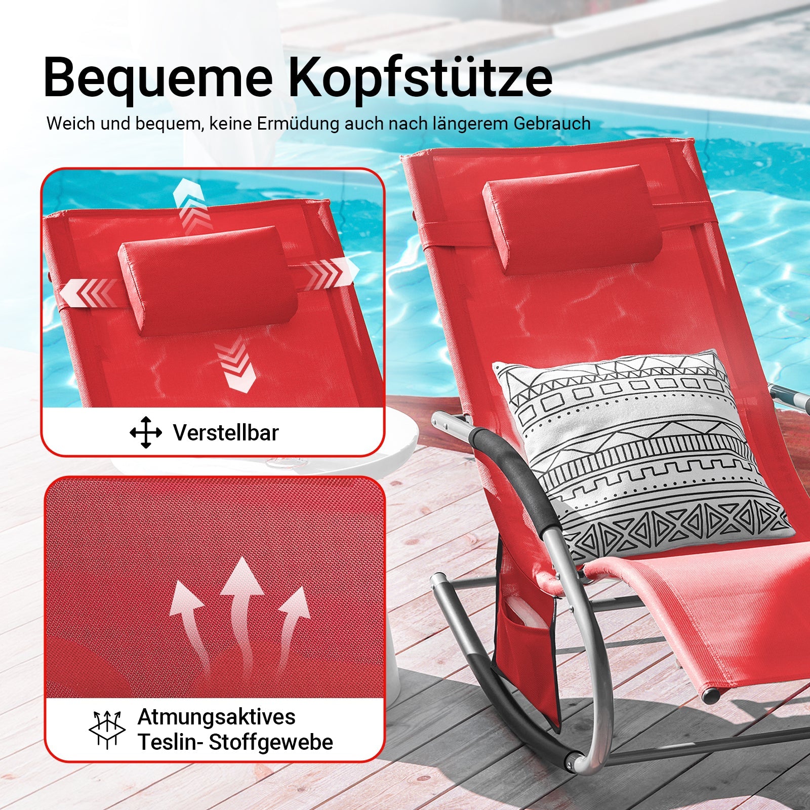SoBuy Chaise longue à bascule pour jardins, cours 63x87x150cm Rouge OGS28-R