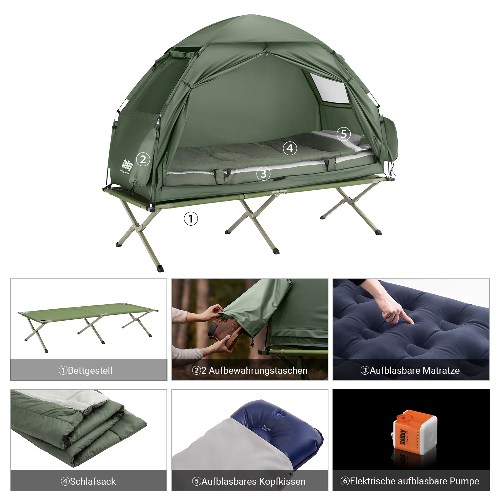 SoBuy | Tente de camping 7 en 1 pour 1 personne | Extérieur | Lit de camp | Verte | 193 x 160 x 86 cm | OGS32-GR
