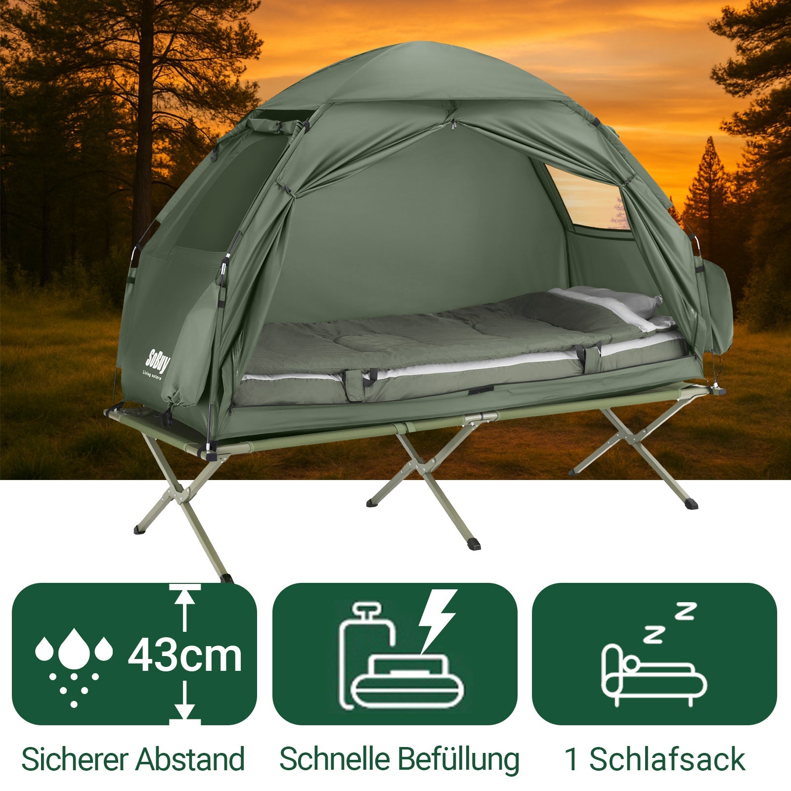 SoBuy Feldbett mit Zelt 7in1 Wurfzelt mit Luftpumpe, Rolltasche, Schlafsack, Wasserdichtes Campingbett Outdoor Campingliege Familienzelt Camping Tent Grün 193 x 160 x 86cm bis 114 kg OGS32-GR –