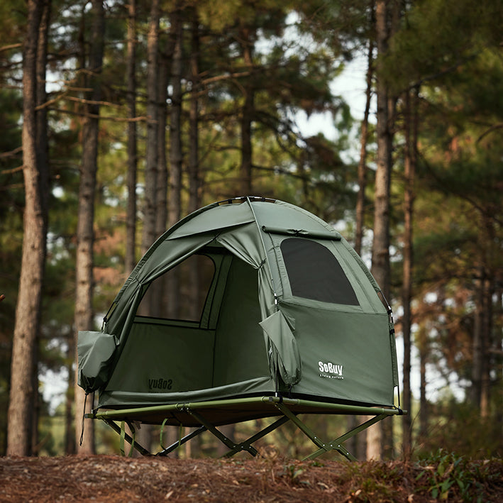 SoBuy | Tenda 3 in 1, tenda da campeggio, tenda singola, lettino da campo per esterni, verde 193x160x86cm | OGS32-II-GR
