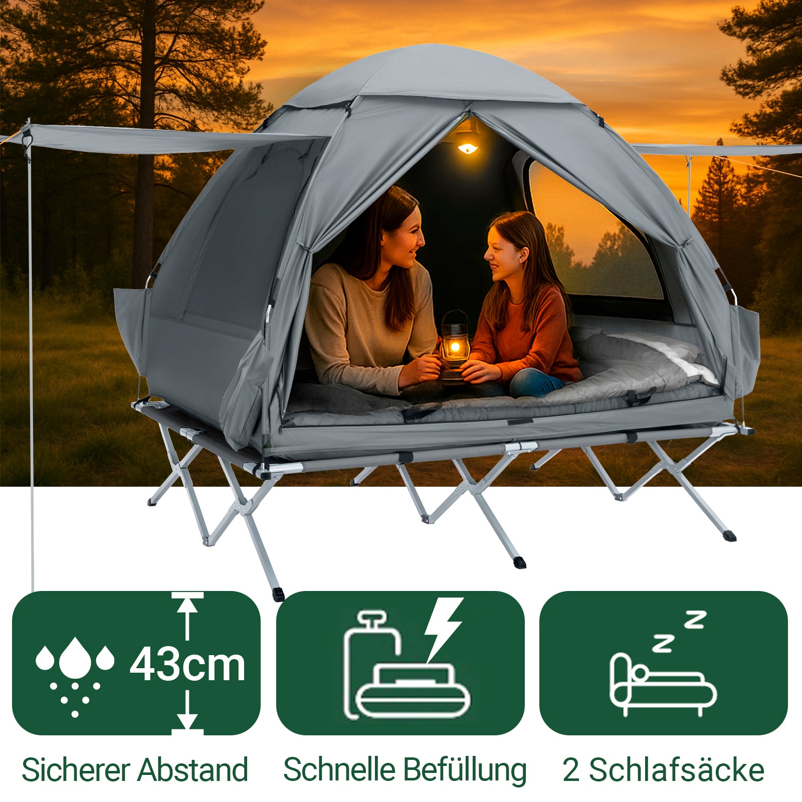 SoBuy | 7in1-Zelt Campingzelt | 2 Personen | Outdoor | Feldbett Hellgrau | 193x188x145cm | OGS32-L-HG