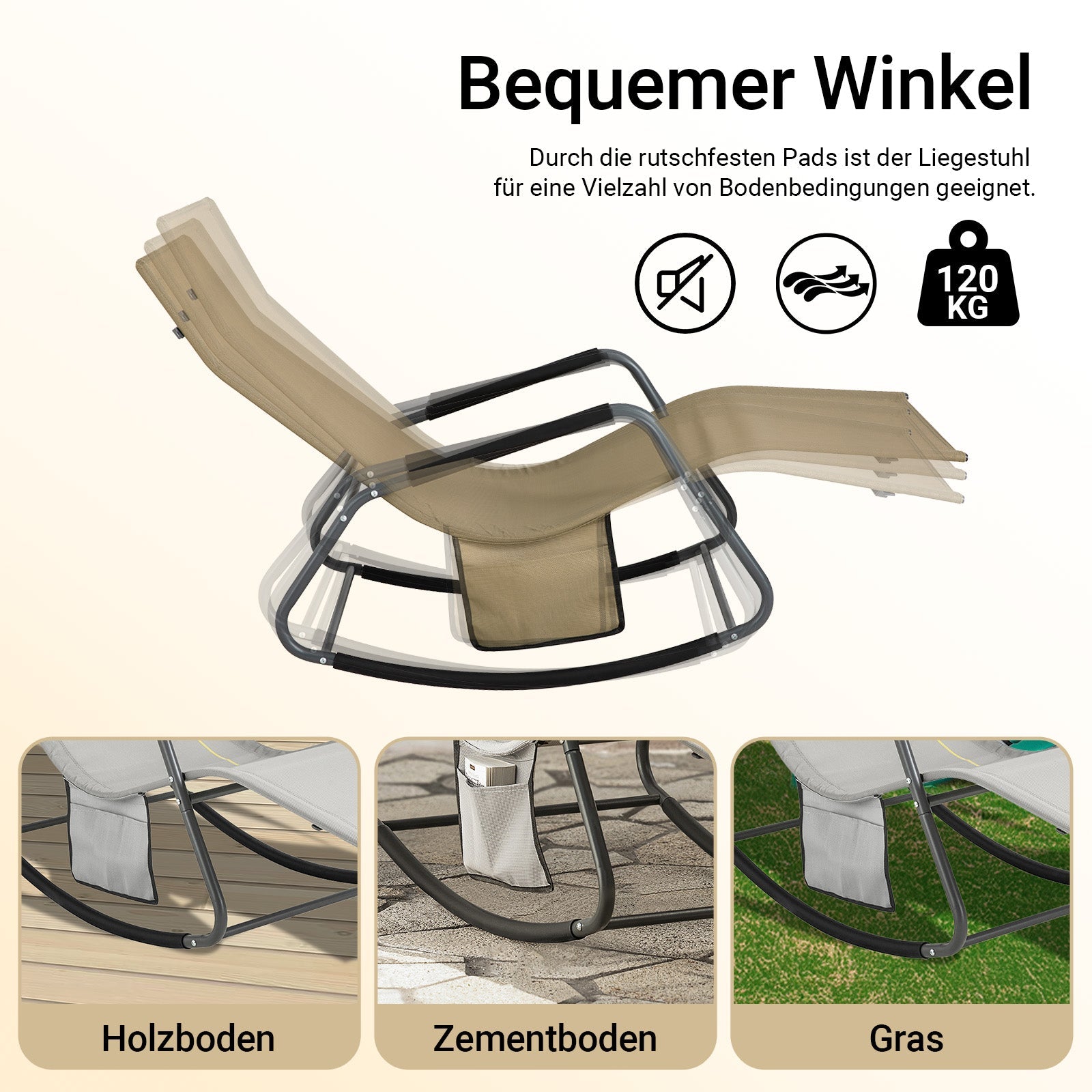 SoBuy | Chaise longue à bascule | Chaise longue avec poche latérale | Chaise longue de jardin | Fauteuil relax | Chaise longue balancelle | Kaki | OGS47-KA