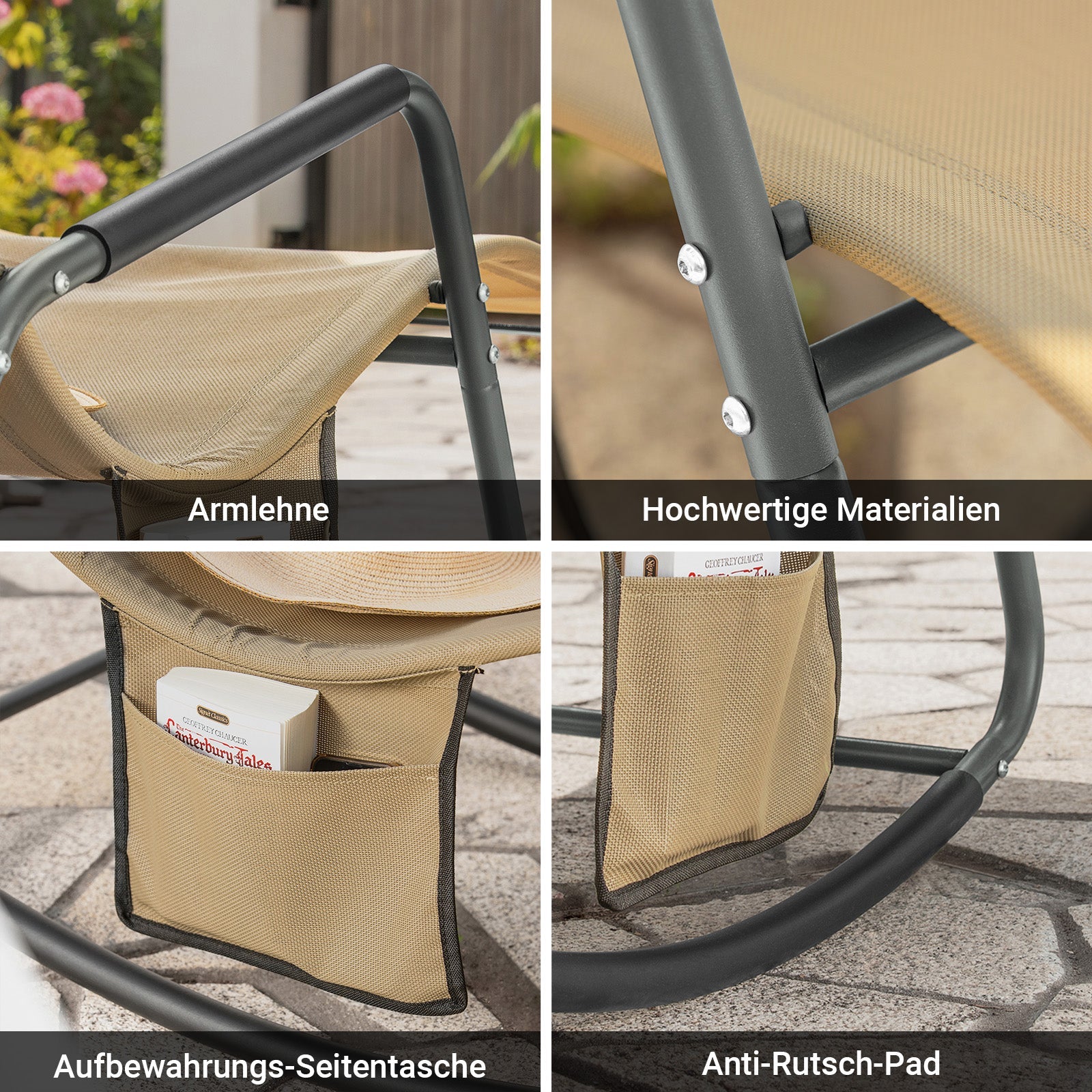 SoBuy | Chaise longue à bascule | Chaise longue avec poche latérale | Chaise longue de jardin | Fauteuil relax | Chaise longue balancelle | Kaki | OGS47-KA