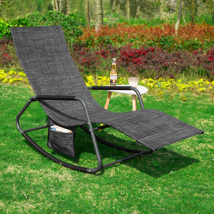 SoBuy | Sedia a dondolo | Lettino prendisole con tasca laterale | Lettino da giardino | Sedia relax | Dondolo reclinabile | Nero/Grigio | OGS47-MS