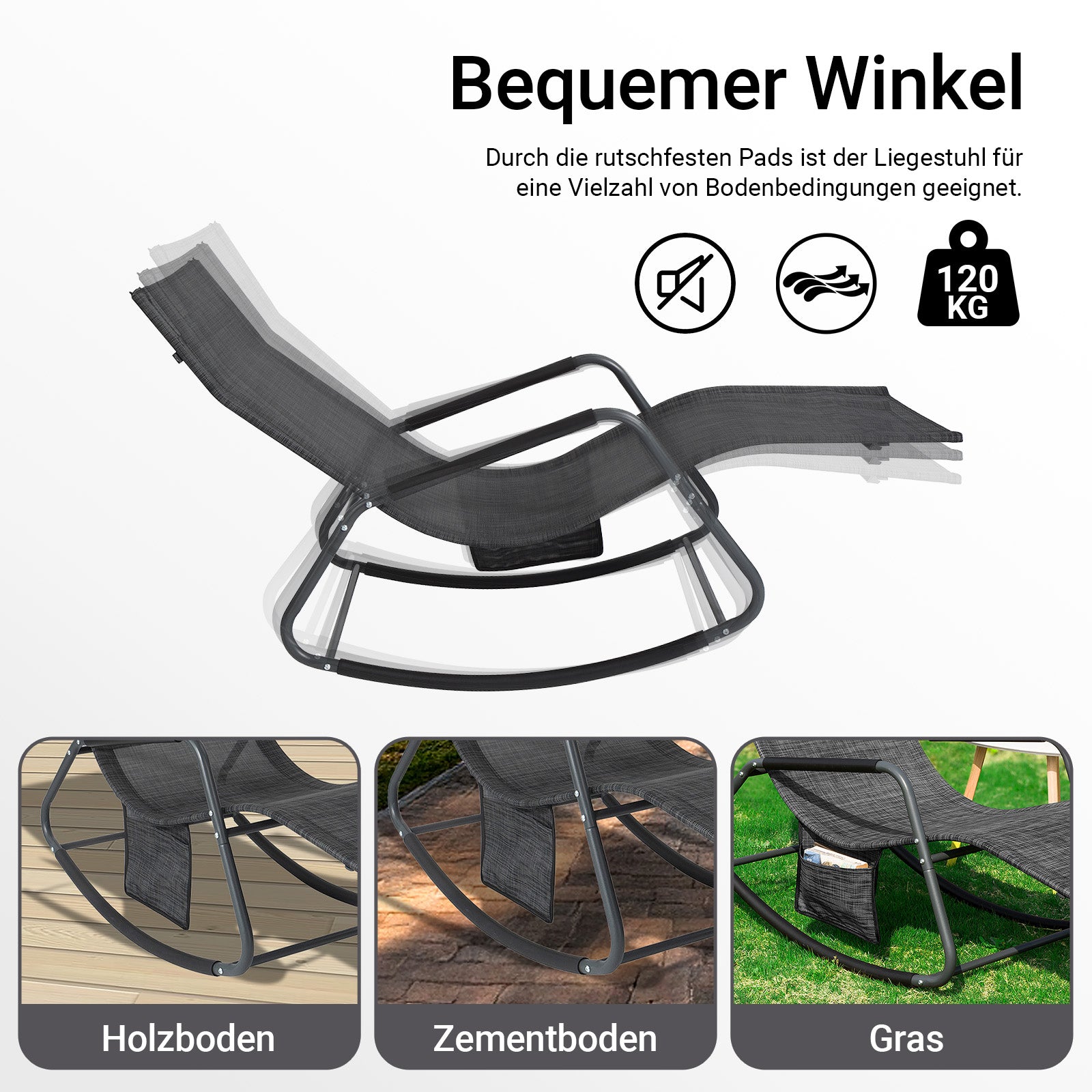 SoBuy | Schaukelliege | Sonnenliege mit Seitentasche | Gartenliege | Relaxstuhl | Schwungliege | Schwarz/Grau | OGS47-MS