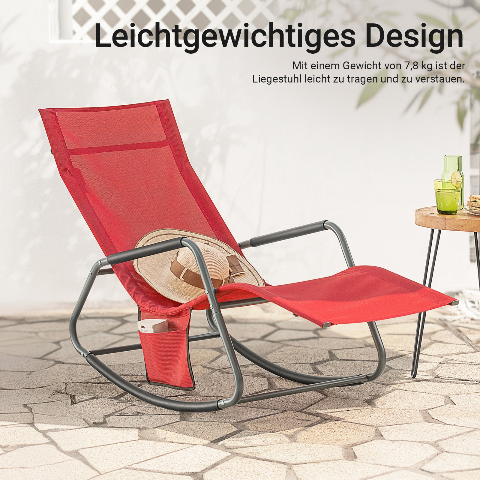 SoBuy | Sedia a dondolo relax | Lettino da giardino con tasca laterale | Sedia a sdraio | Sedia relax | Dondolo | Rosso | OGS47-R