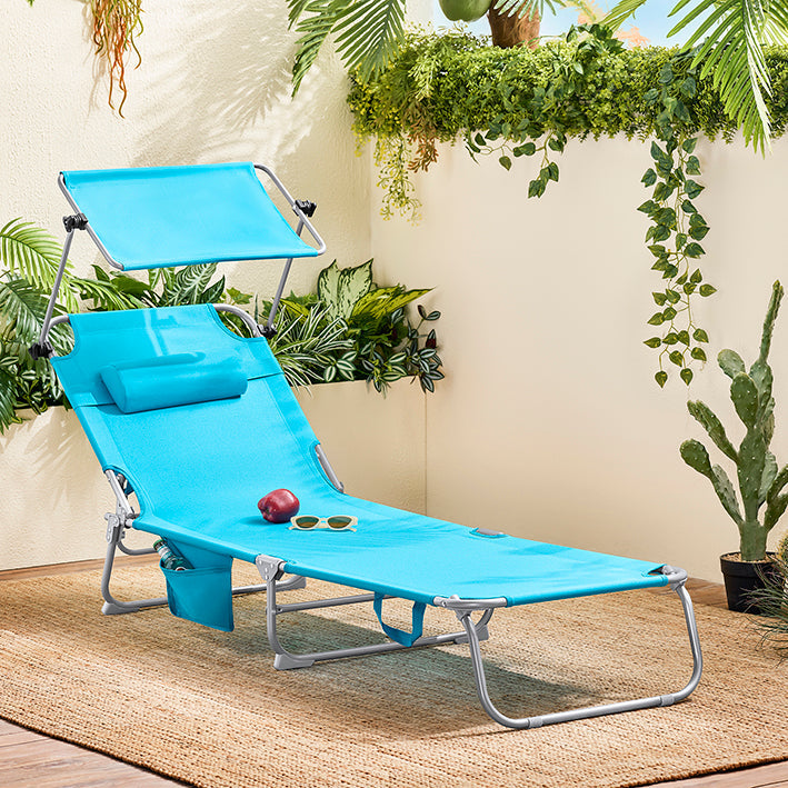SoBuy | Lettino da spiaggia con tettuccio parasole | Sedia relax per giardini, cortili, spiagge | Blu | OGS48-B
