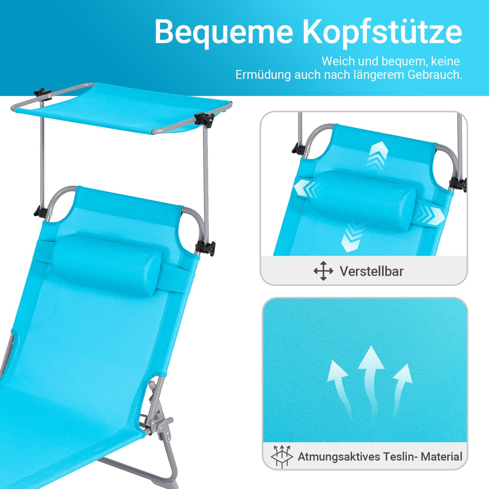 SoBuy | Chaise longue avec pare-soleil | Chaise de relaxation pour jardins, cours, plages | Bleu | OGS48-B