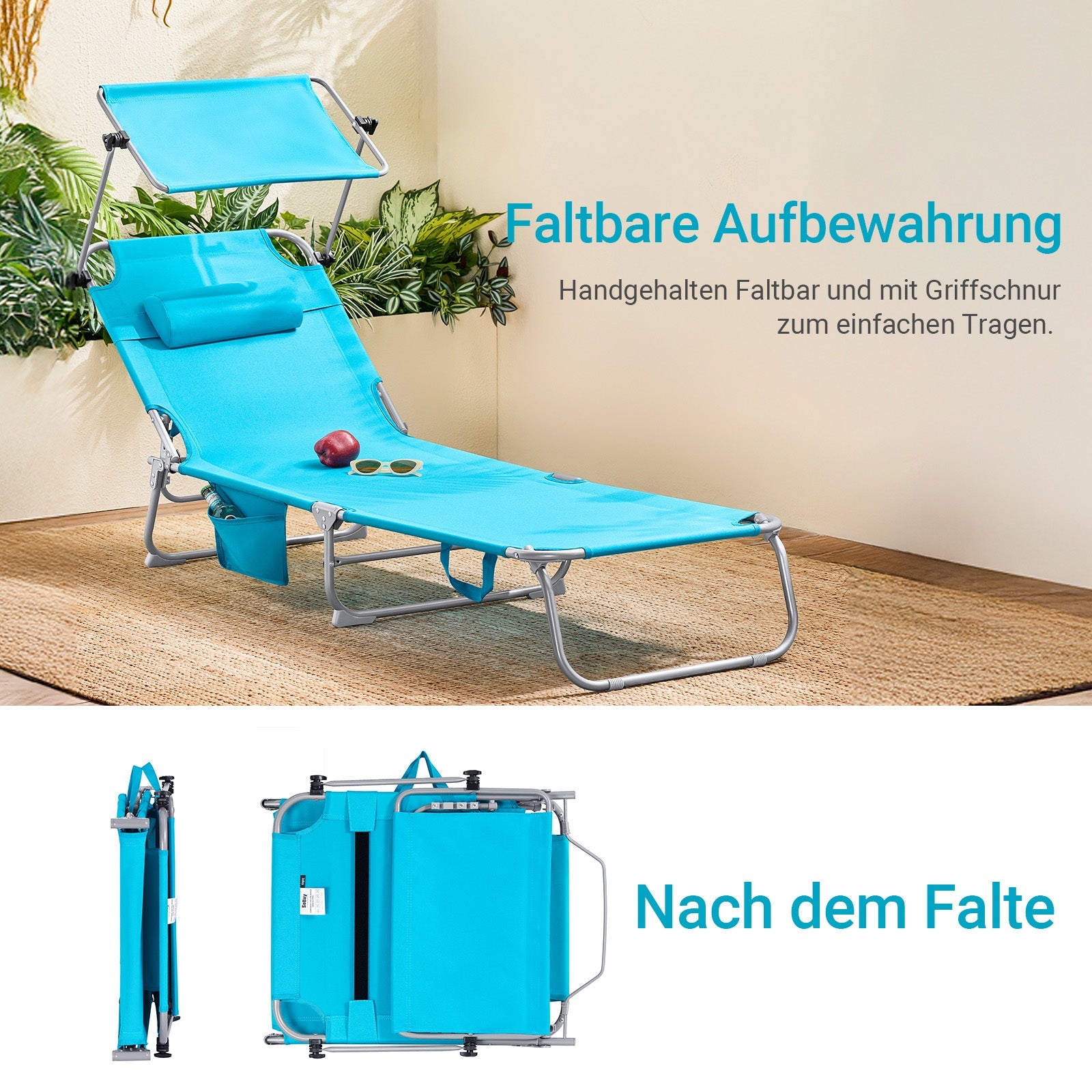 SoBuy | Lettino da spiaggia con tettuccio parasole | Sedia relax per giardini, cortili, spiagge | Blu | OGS48-B