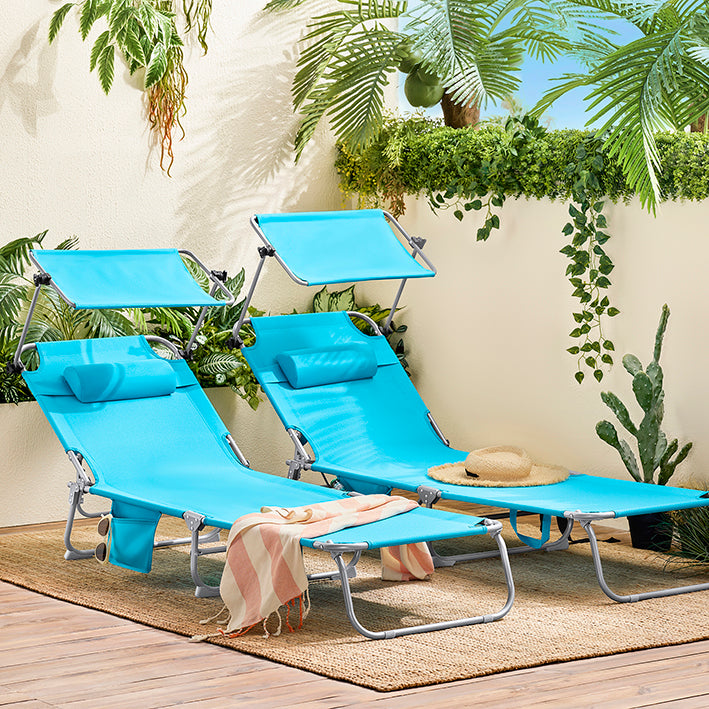 SoBuy | Set di 2 Lettini prendisole con Parasole | Sedia Relax per Giardino, Spiaggia | Blu | OGS48-Bx2
