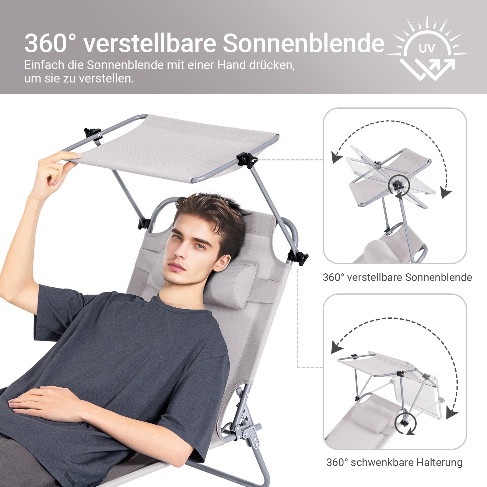 Vorverkauf | SoBuy | Sonnenliege mit Sonnendach | Relaxstuhl für Gärten, Höfe, Strände | Beige | OGS48-MI
