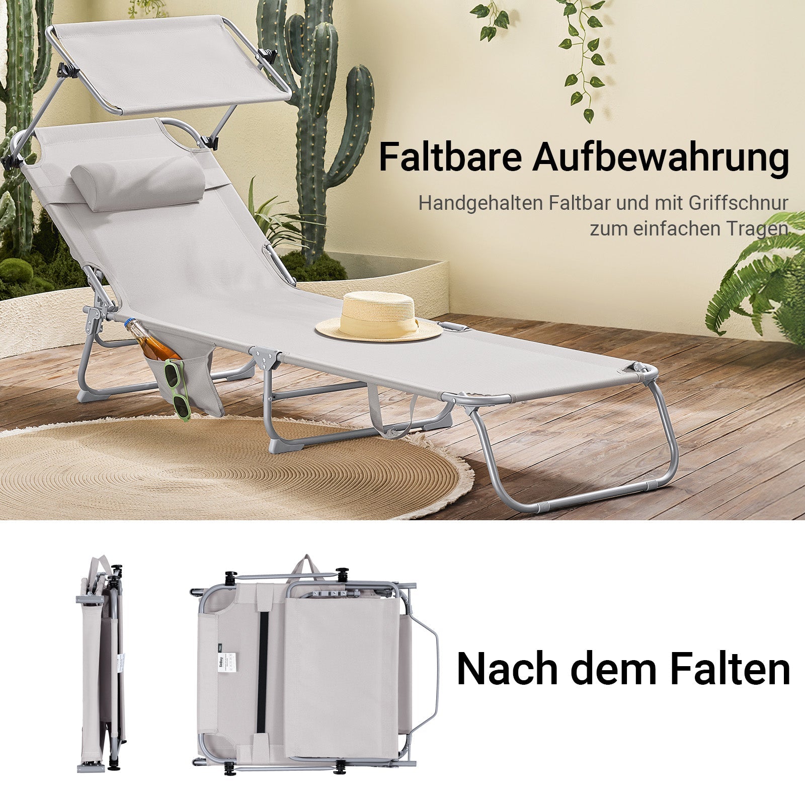 SoBuy | Sdraio con tettuccio parasole | Sedia relax per giardini, cortili, spiagge | Beige | OGS48-MI