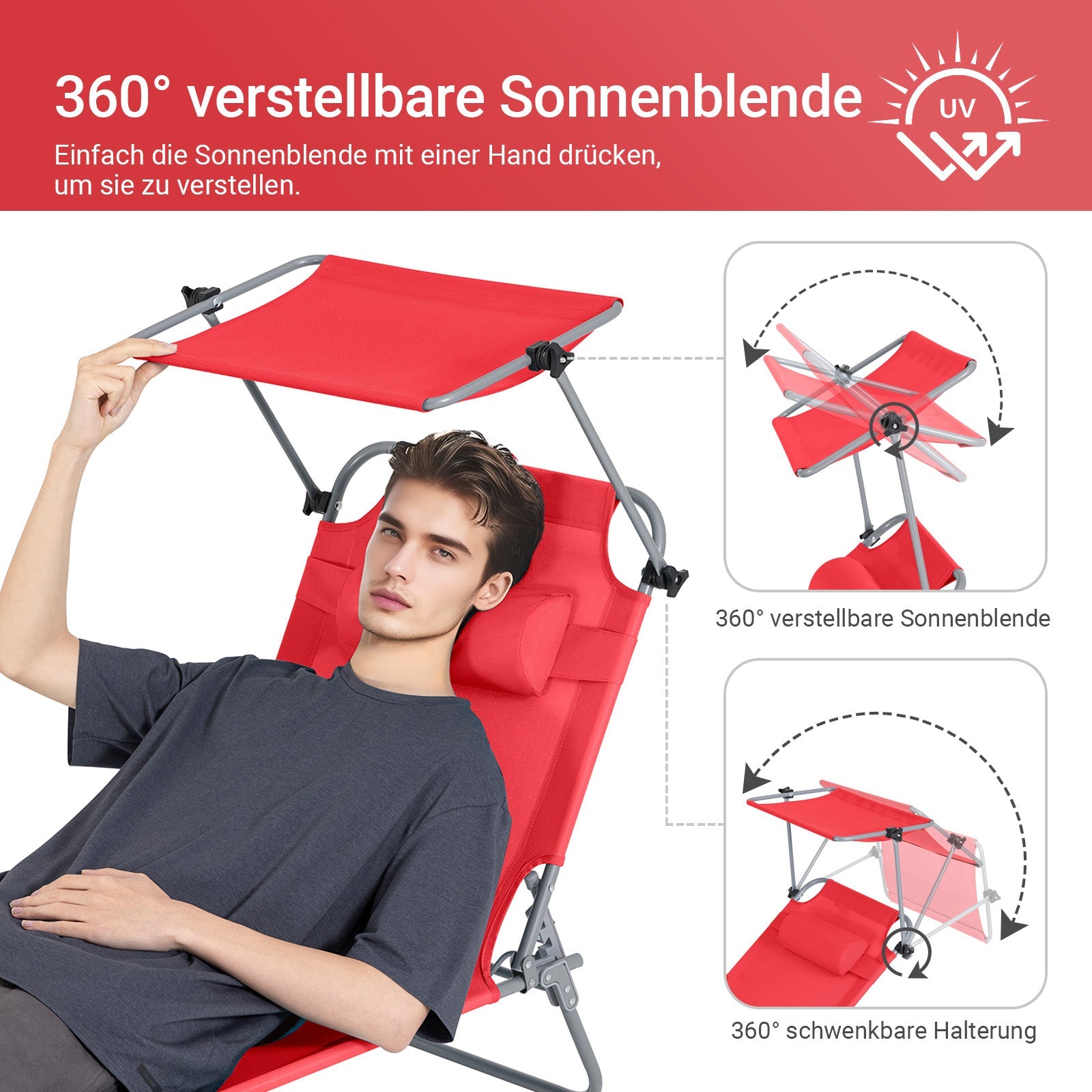 SoBuy | Lettino prendisole con tettuccio parasole | Sedia a sdraio per giardini, cortili, spiagge | Rosso | OGS48-R