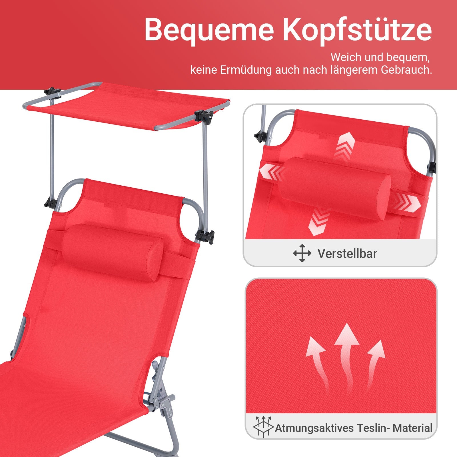 SoBuy | Lettino prendisole con tettuccio parasole | Sedia a sdraio per giardini, cortili, spiagge | Rosso | OGS48-R